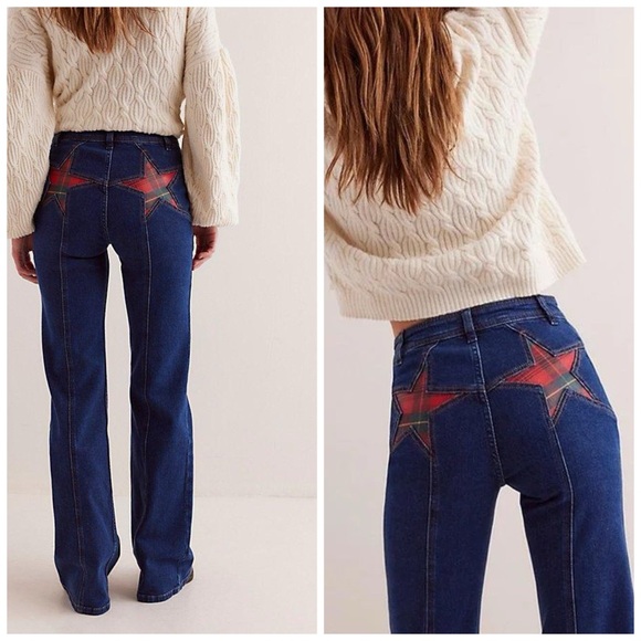 Free People Denim - Free People Firecracker Jeans Holiday Tartan Stars Blue Plaid Size 30
